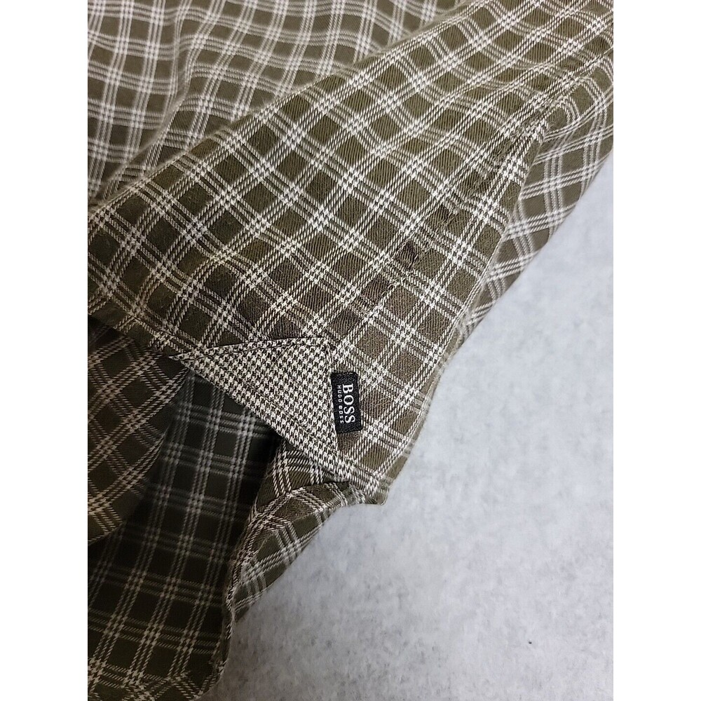Hugo Boss Shirt Mens L Olive Green Black Plaid Slim Cotton Preppy‎ Flip Cuffs - Picture 9 of 13
